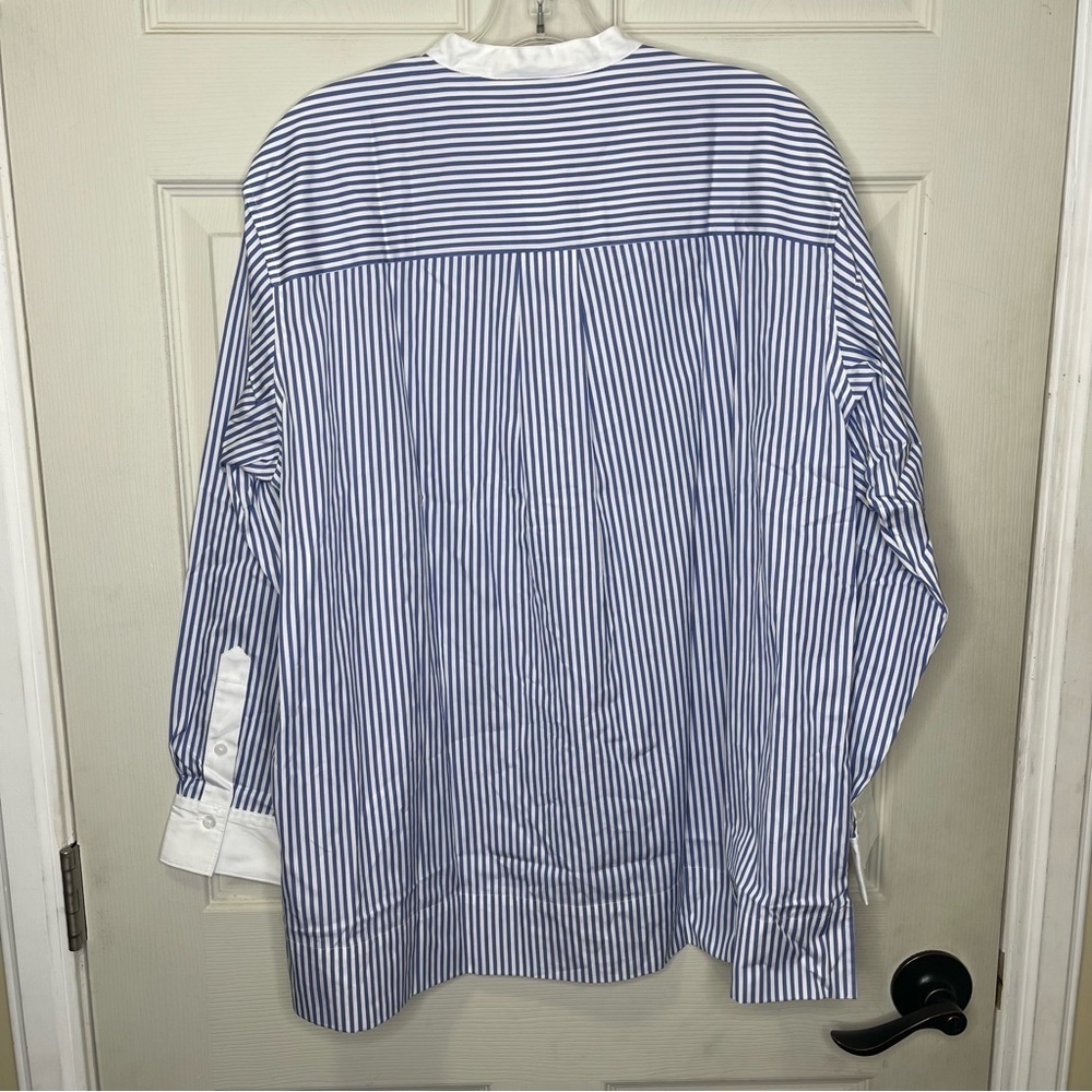 SPANX® Poplin Tuxedo Shirt Navy White Stripe Sz M - Picture 3 of 5